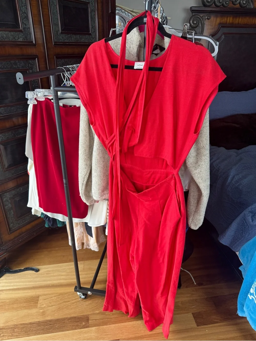 Aritzia Wilfred Linen Red Wrap Top & Wide-Leg Jumpsuit Set